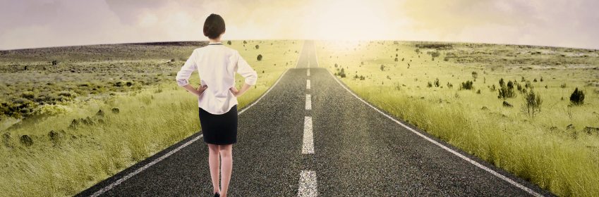 Businesswoman walk on the road to start her journey and gain bright future